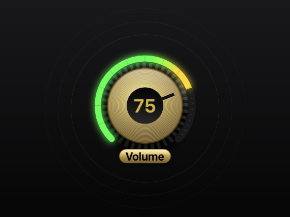 Knob for Mac — a brass volume knob with a glowing LED ring, floating on the desktop