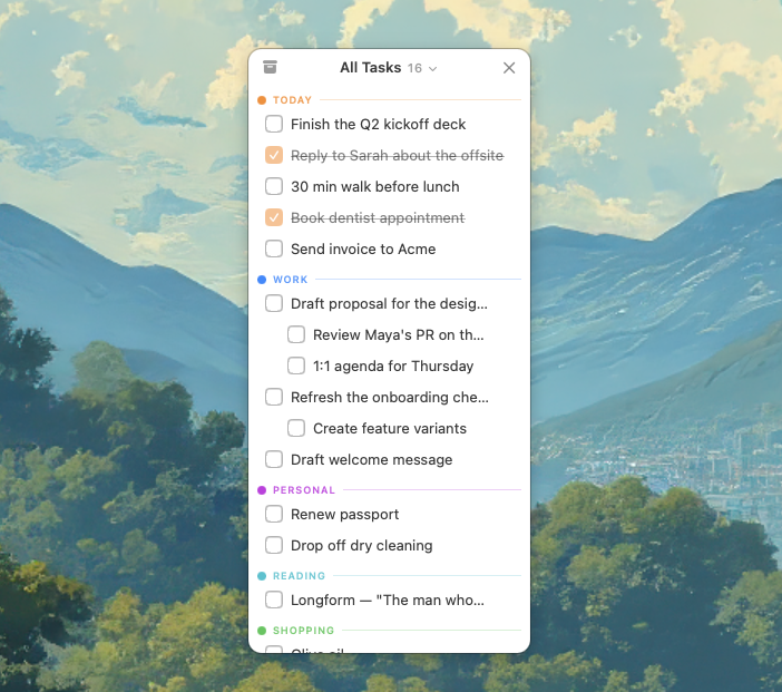Fin. for Mac — a quiet menu bar to-do list with color-coded lists and subtasks